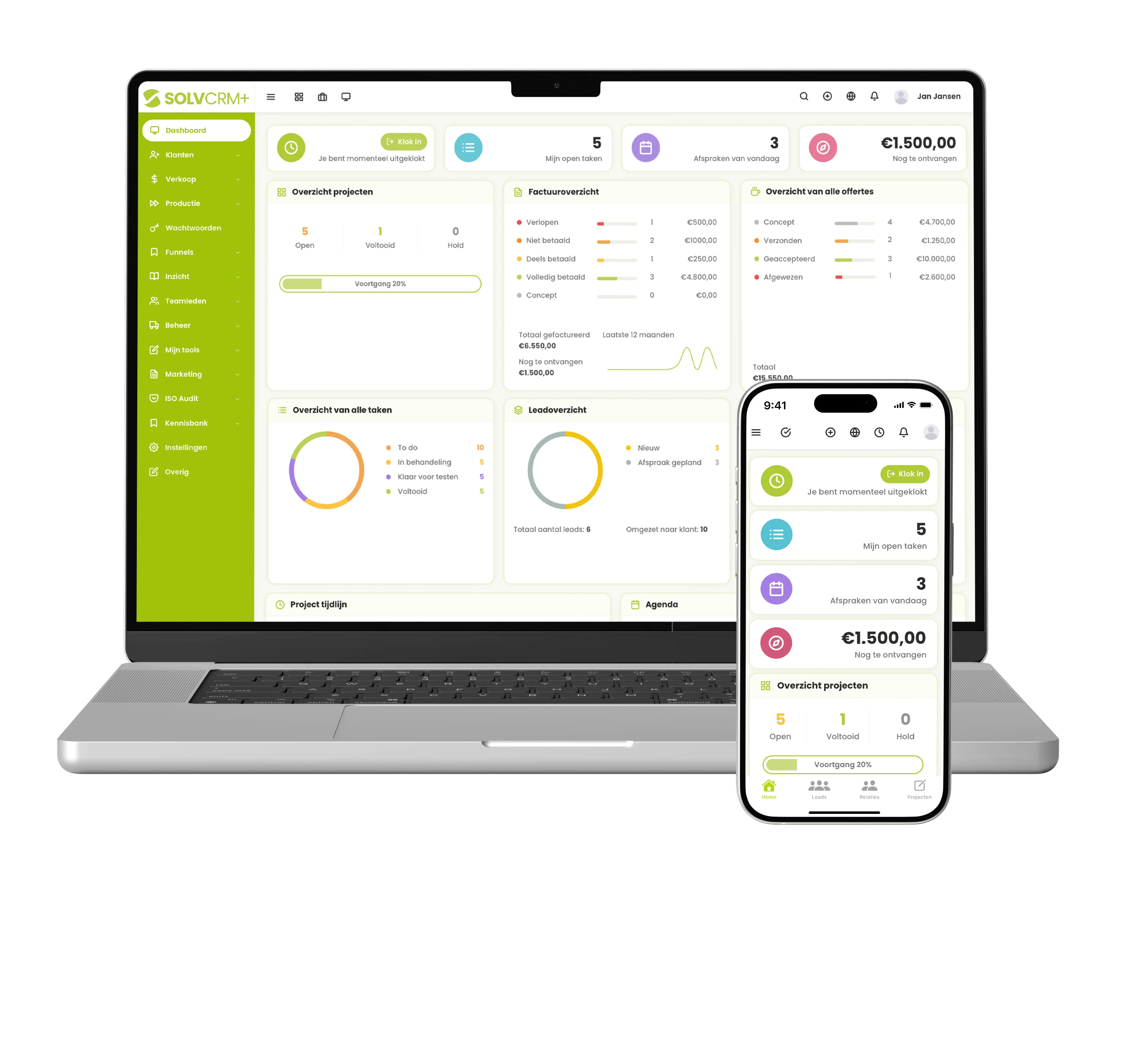 SolvCRM+ projectmanagement met klantinformatie en aangesloten bedrijfsprocessen